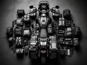 Overhead view of adventure motorcycle with open panniers and organized gear laid out on concrete in dramatic lighting