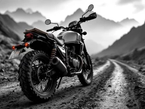 Adventure motorcycle with detailed suspension on mountain road, map on tank, misty peaks in background