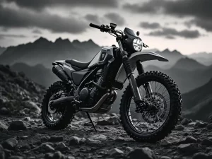Adventure motorcycle with suspension system on rocky mountain trail at dusk in dramatic black and white lighting