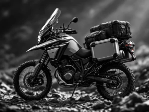 Adventure motorcycle with hard-shell panniers and storage bags on rugged terrain in dramatic black and white lighting
