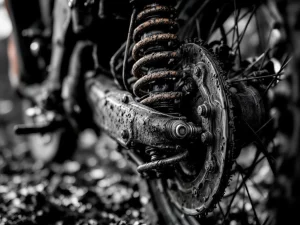 Mud-covered adventure motorcycle rear suspension with shock absorber, spring coils, and worn brake components in sharp detail