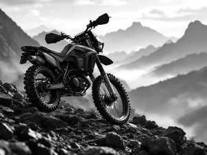 Adventure motorcycle on rocky mountain terrain with knobby tires and suspension in dramatic black and white lighting