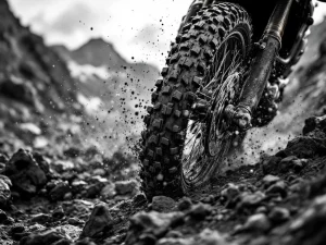 Adventure motorcycle front suspension fork cutting through mud on rocky mountain trail in black and white close-up