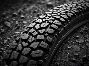 Adventure motorcycle tire with split tread design showing knobby off-road blocks and smooth street grooves on contrasting terrain
