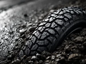 Adventure motorcycle tire with aggressive tread on wet asphalt, gravel, and mud terrain in dramatic black and white