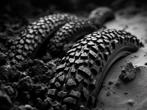 Adventure motorcycle tires with aggressive tread patterns on mud, rock, and sand terrain in dramatic black and white