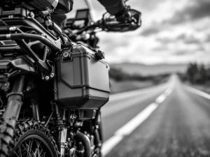 Adventure motorcycle with aluminum panniers, crash bars, and LED lights on open road, low angle view