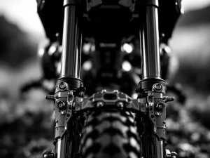 Close-up of inverted motorcycle fork suspension with chrome stanchions, brake calipers, and triple clamp in black and white