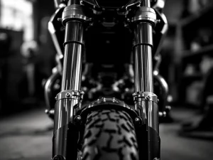 Inverted motorcycle fork assembly on adventure bike with chrome stanchions and brake caliper in black and white close-up