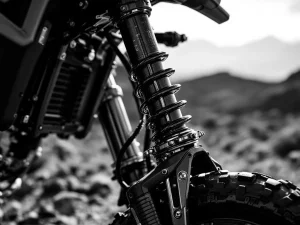 Close-up of adventure motorcycle electronic suspension shock absorber with chrome details and adjustment mechanisms