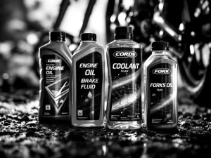 Essential motorcycle fluids including engine oil, coolant, brake fluid, and fork oil arranged on textured surface