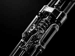Motorcycle cartridge fork assembly cutaway revealing chrome pistons, springs, and hydraulic damping mechanism in dramatic lighting
