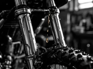 Motorcycle fork tubes with oil dripping down chrome surface in workshop, showing suspension maintenance and repair detail