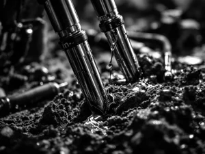 Motorcycle fork suspension tubes with oil dripping during maintenance service, chrome stanchions in dramatic lighting