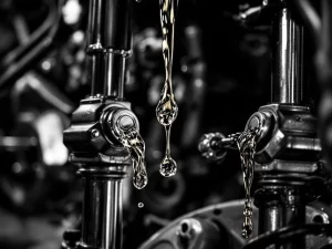 Motorcycle fork oil dripping between chrome suspension stanchions showing viscosity differences in black and white close-up
