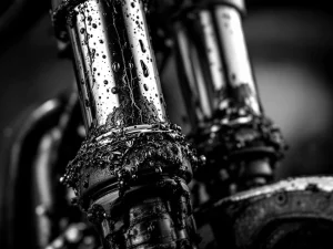Worn motorcycle fork seal with oil leaks and cracks on chrome suspension tube, close-up detail shot
