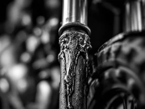 Worn motorcycle fork seal with oil leakage and cracked rubber on chrome suspension tube, maintenance documentation shot