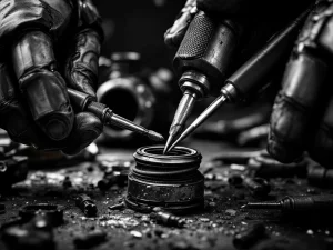 Mechanic's hands removing worn motorcycle fork suspension seals with precision tools in close-up black and white photograph