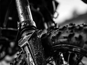 Close-up of motorcycle front fork suspension with dust seals, debris, and wear details in black and white