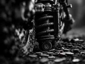Muddy adventure motorcycle rear suspension with maintenance invoice and coins showing ownership costs