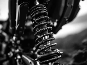 Motorcycle progressive spring system close-up showing coil spacing and compression mechanics on adventure bike rear suspension