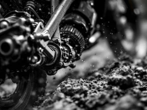 Adventure motorcycle rear shock absorber mid-compression on rugged terrain with dust particles and mechanical details