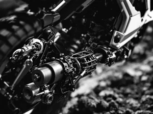 Adventure motorcycle rear shock absorber in motion showing suspension compression and hydraulic damping mechanism in black and white