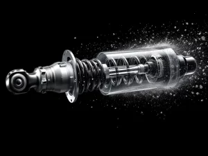 Adventure motorcycle rear shock absorber mid-compression showing internal hydraulic fluid, spring coils, and piston detail in black and white