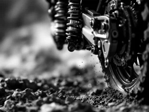 Adventure motorcycle rear suspension system compressed in action over rugged terrain with mud, rocks, and sand