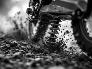 Adventure motorcycle rear suspension system compressed under load with dirt particles and mechanical components in sharp detail