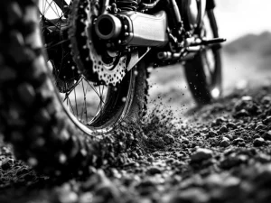 Adventure motorcycle rear suspension compressing over rocky terrain in black and white close-up shot