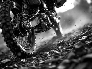 Adventure motorcycle rear suspension compressing over rocks with detailed shock absorber and spring coils in motion