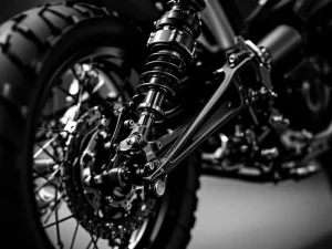 Adventure motorcycle rear suspension linkage system with pivot bearings and shock absorber mounting points in black and white