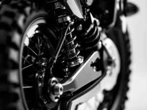 Adventure motorcycle rear suspension linkage system with pivot bearings and shock mount in dramatic black and white lighting