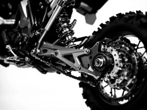 Adventure motorcycle rear suspension linkage with shock absorber, black and white close-up showing mechanical detail