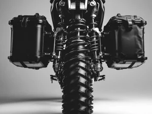 Adventure motorcycle rear suspension compressed under loaded panniers, showing shock absorber and spring coils in detail