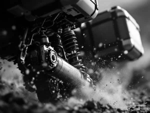 Adventure motorcycle rear suspension compressed under loaded panniers showing shock absorber and mechanical details