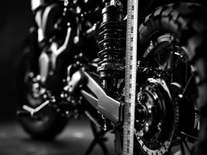 Adventure motorcycle rear suspension system with measuring tape showing technical measurement details in black and white