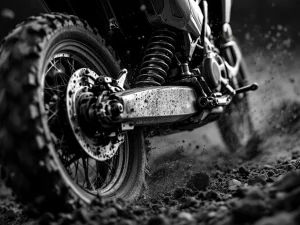Adventure motorcycle rear suspension system compressing on rugged terrain with dirt particles in motion, black and white close-up