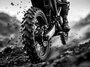 Adventure motorcycle rear suspension system compressing on rugged terrain with dirt particles in motion