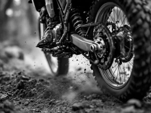 Adventure motorcycle rear suspension system compressed on rugged terrain with dust particles in motion, black and white