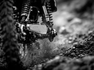 Adventure motorcycle rear suspension system compressed on rocky terrain with dust spray in motion