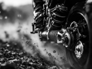 Adventure motorcycle rear suspension shock absorber mid-compression on rugged terrain with dust particles in dramatic lighting  Note: The alt text above is 130 characters. Here's a version under 125 characters:  Motorcycle rear shock absorber compressed on rough terrain with dust particles in dramatic black and white lighting