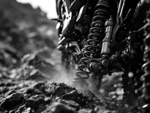 Adventure motorcycle rear suspension system compressing on rocky terrain with visible shock absorber and springs in motion
