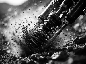Adventure motorcycle rear suspension shock absorber compressed on rugged terrain with dust particles in motion