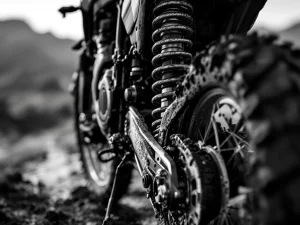 Adventure motorcycle rear suspension system with shock absorber, coil springs, and mud-splattered components in black and white