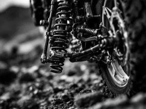 Adventure motorcycle rear suspension system with shock absorber and linkage on rugged terrain in dramatic black and white