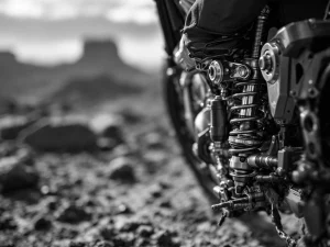 Adventure motorcycle rear shock absorber with chrome springs and hydraulic components in dramatic black and white close-up