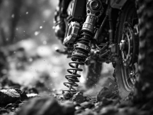 Adventure motorcycle rear suspension shock absorber compressing on rocky terrain with dust particles in dramatic lighting