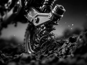 Adventure motorcycle rear suspension shock absorber mid-compression with chrome damper rod and spring coils in black and white